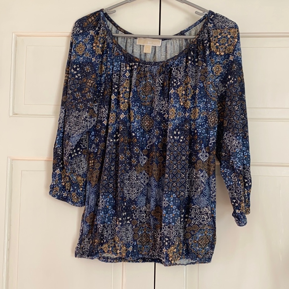 Michael by Michael Kors Paisley Top Navy Blue Gold Pattern Three Quarter Sleeves